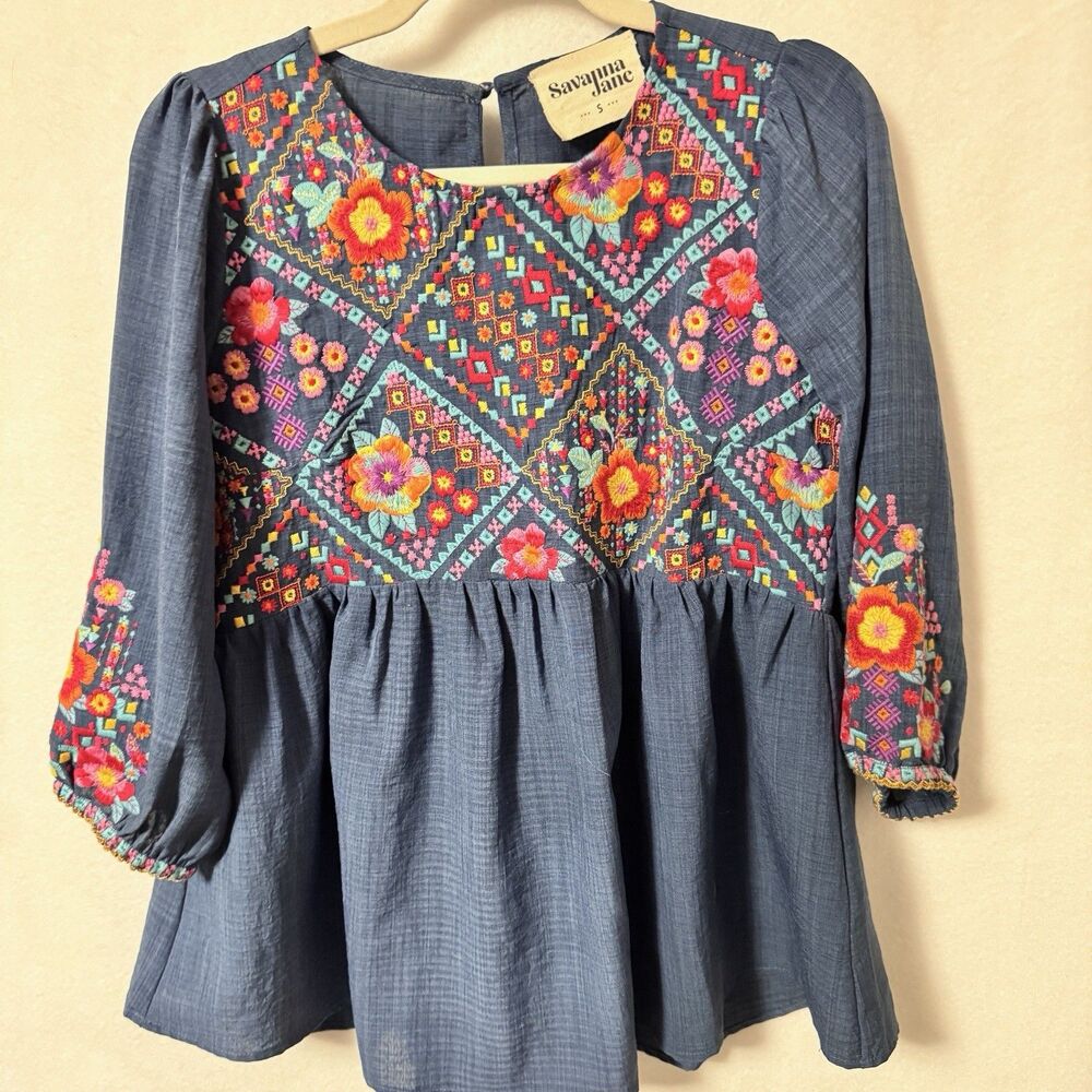 Savanna Jane Boho Embroidered Babydoll Blouse shirt Top Sz Small